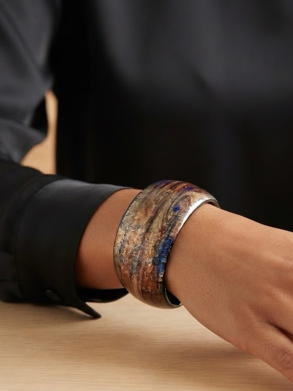 Handcrafted Fused Glass Cuff Bracelet Iridescent Bronze Gold Sparkle Statement
